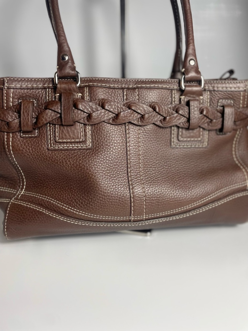 Coach Hampton Brown Pebbled Leather Shoulder Braided Satchel. - Picture 10 of 13